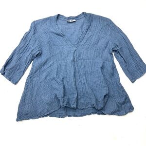 Cobblestone Living Women's Blue Linen Gauze V-Neck Abigail Top Blouse Lagenlook